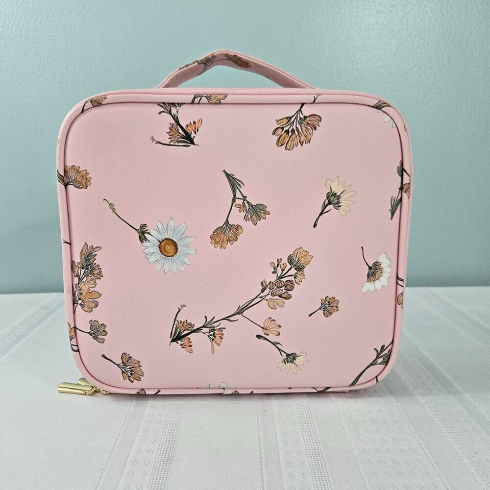 Cosmetic Make-up Case with Moveable Dividers Zipper & Pouches Pink w/Daisies